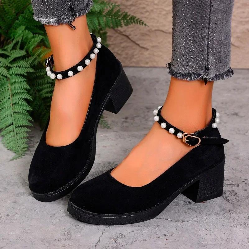 

Модная женская обувь больших размеров, женские туфли на высоком каблуке с круглым носком, ремешок с пряжкой и бусинами, туфли на толстом каблуке, ретро, для офиса и карьеры, Мэри Джейн 42