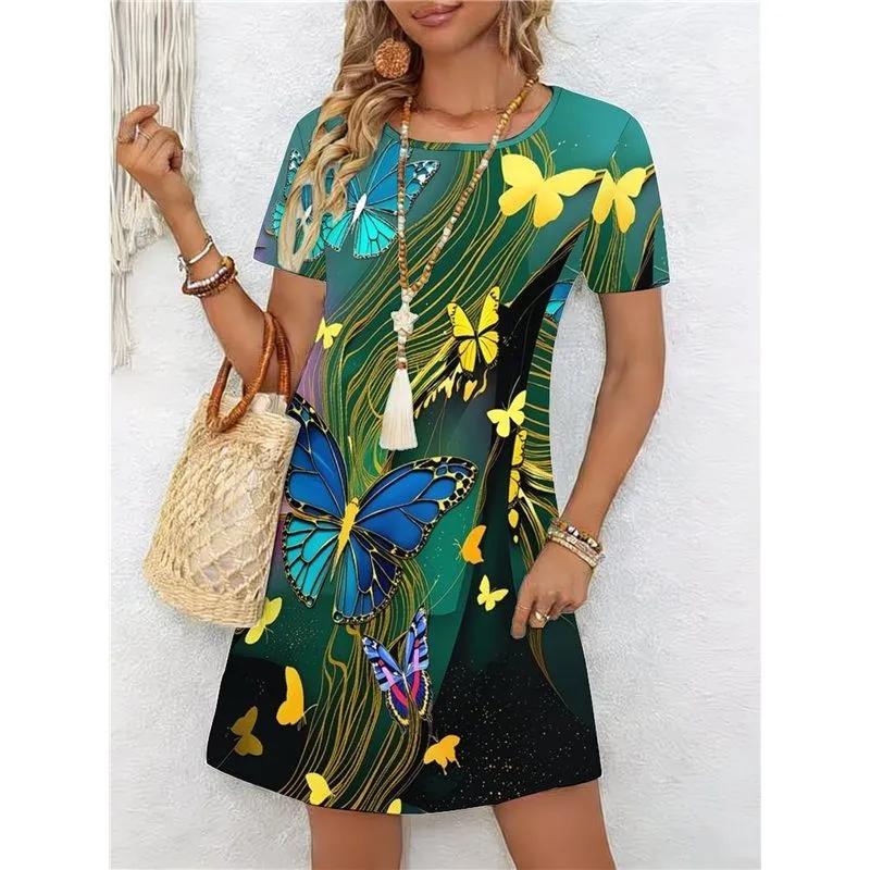 Fashion Women's Crew Neck Dress 3D Casual Color Printing Casual Short Sleeve Crew Neck Dress