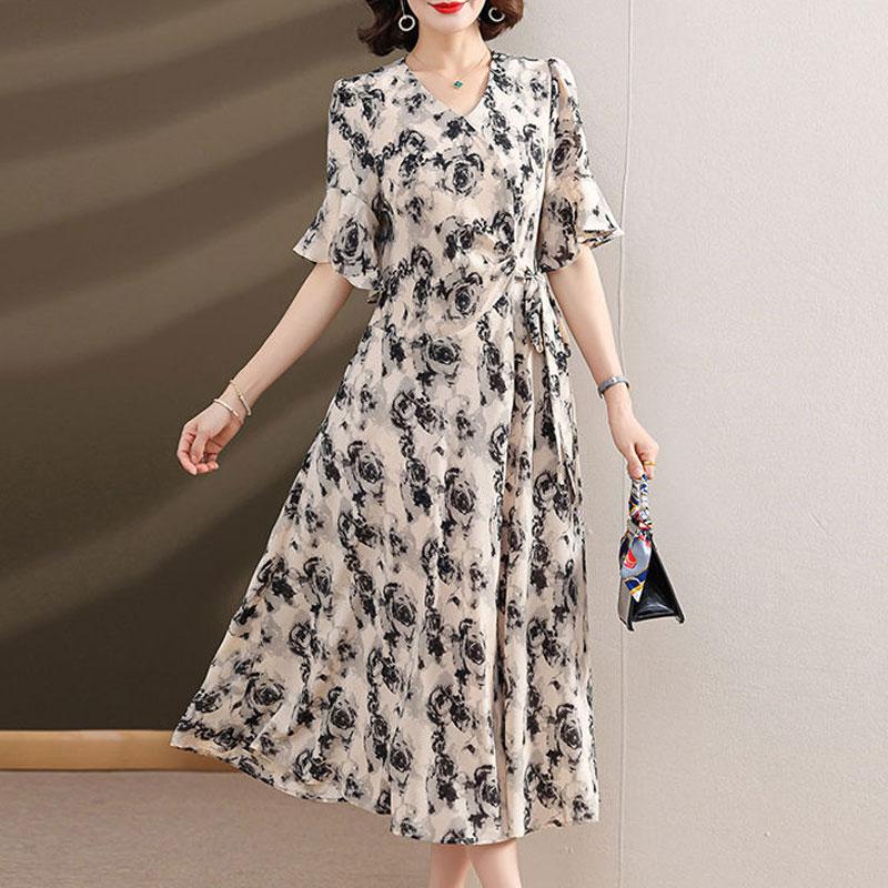 Elegant V-Neck Folds Drawstring Dresses Summer Rose Printed Women's A-Line Waist Korean Asymmetrical Long Dress
