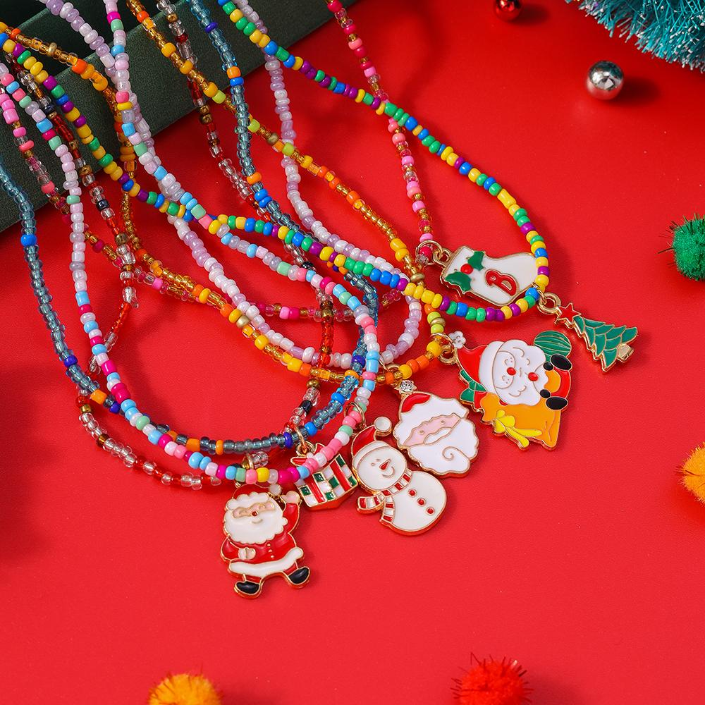 1/7pcs Christmas Necklaces for Women Girls X'mas Tree Santa Claus Snowman Beads Necklace Pendant New Year Jewelry Gift