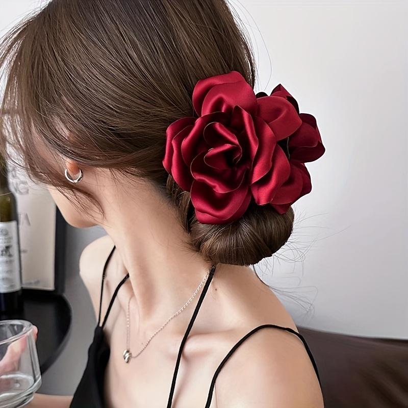 French Satin 3D Rose Flower Hair Claw Elegant Women's Shark Clip Updo Hair Accessory