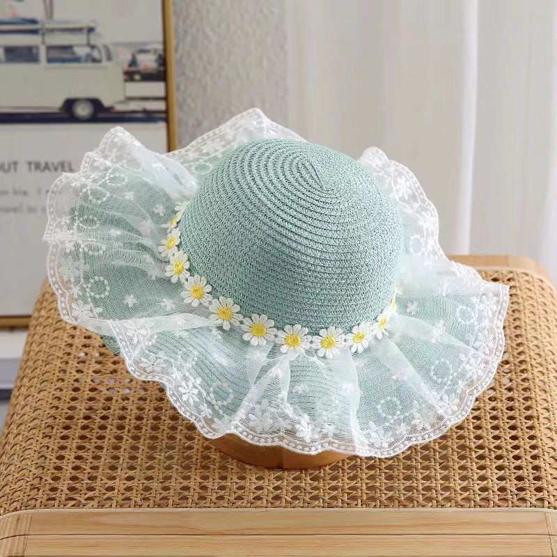 Chapeau de Paille d'Été pour Bébé Fille Couleur Unie Dentelle Volant Chapeau de Pêcheur pour Enfants Casquettes de Plage d'Extérieur Pare-soleil Chapeaux Bob à Large Bord