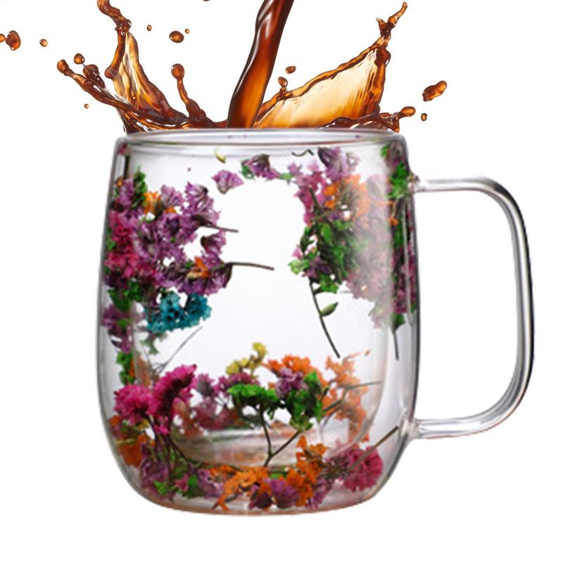 Coffee Mug Double Wall Dried Flower Cup for Coffee Glass Beverage Glasses Tea Mug for Tea Cappuccino Cold Drink Flower Glass