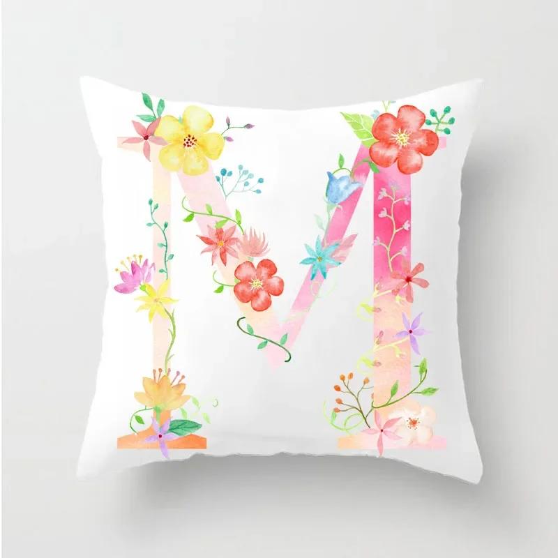 Flower 26 Letters Alphabet Decorative Cushion Cover Polyester Pillowcase Throw Pillow Cover Home Decor Fundas De Cojin 45X45Cm