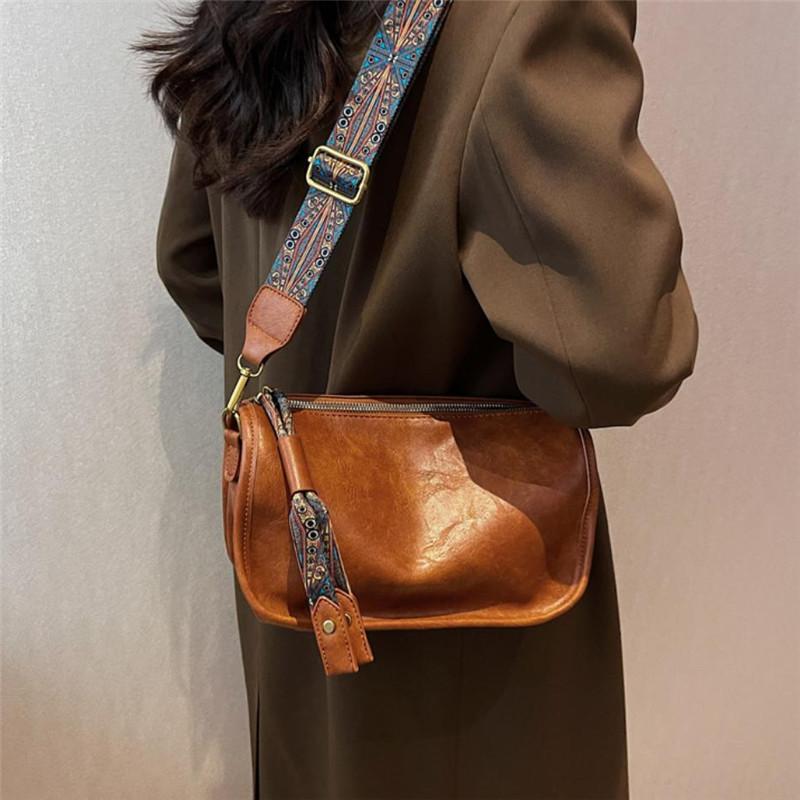 Vintage Brown Leather Cylinder Crossbody Bag with Ethnic Printed Wide Strap Retro Style Shoulder Purse for Daily & Casual Use