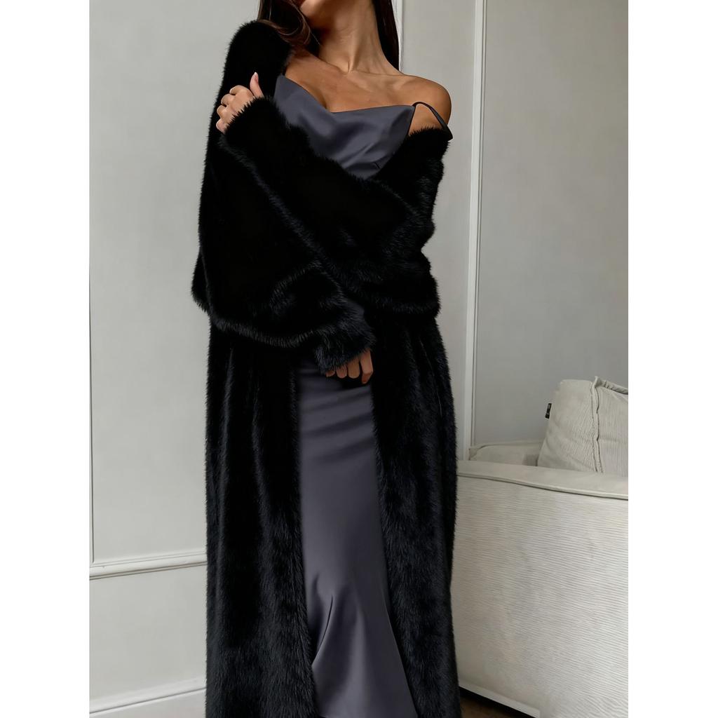 Podzimní a zimní volný kabát Dámský plyšový nadýchaný dlouhý kardigan Imitace norku Bílý pletený kardigan