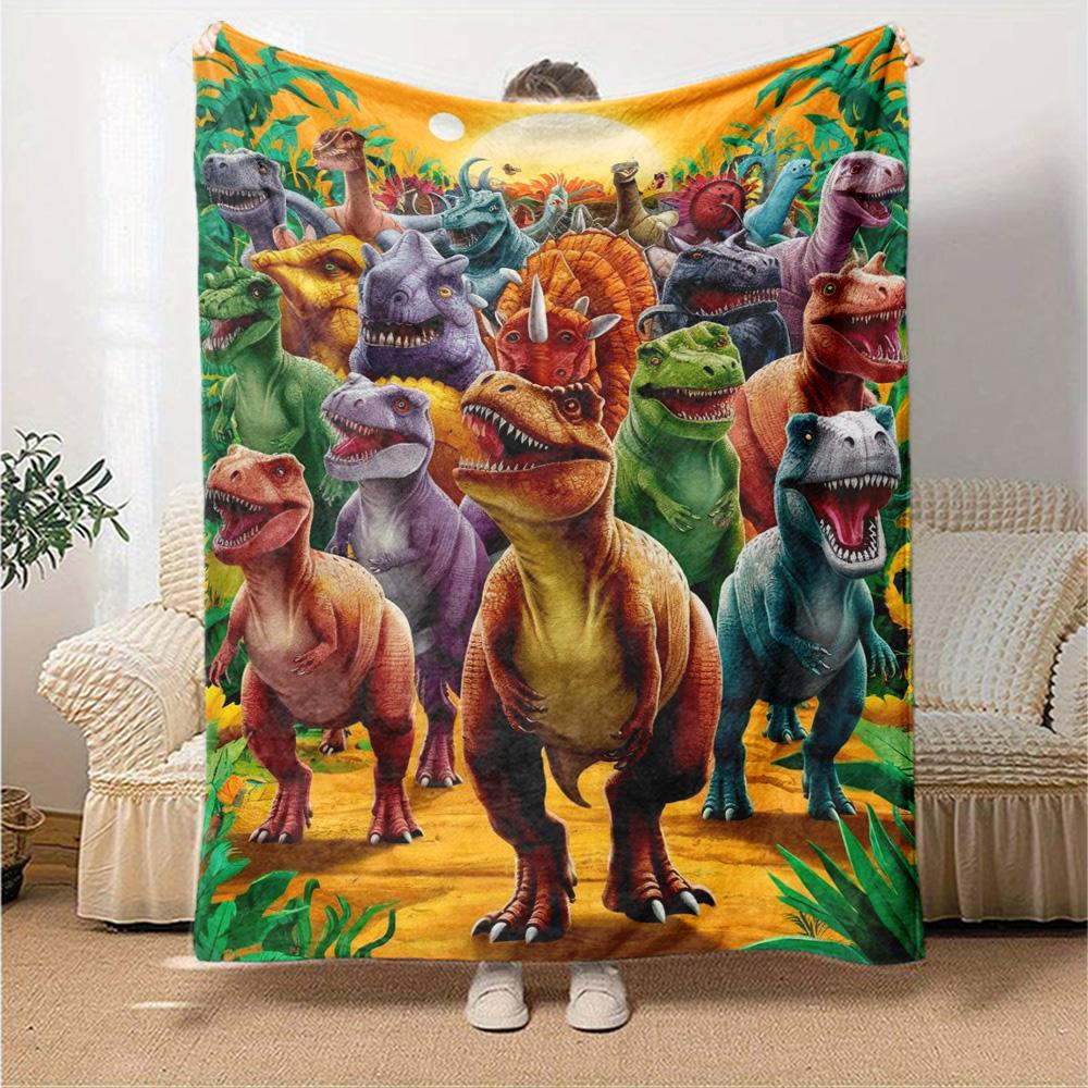Colorful Jurassic Dinosaur Group Tropical Jungle Print Flannel Blanket Prehistoric Wildlife Throw Blanket Soft Cozy Home Sofa Bed Decor