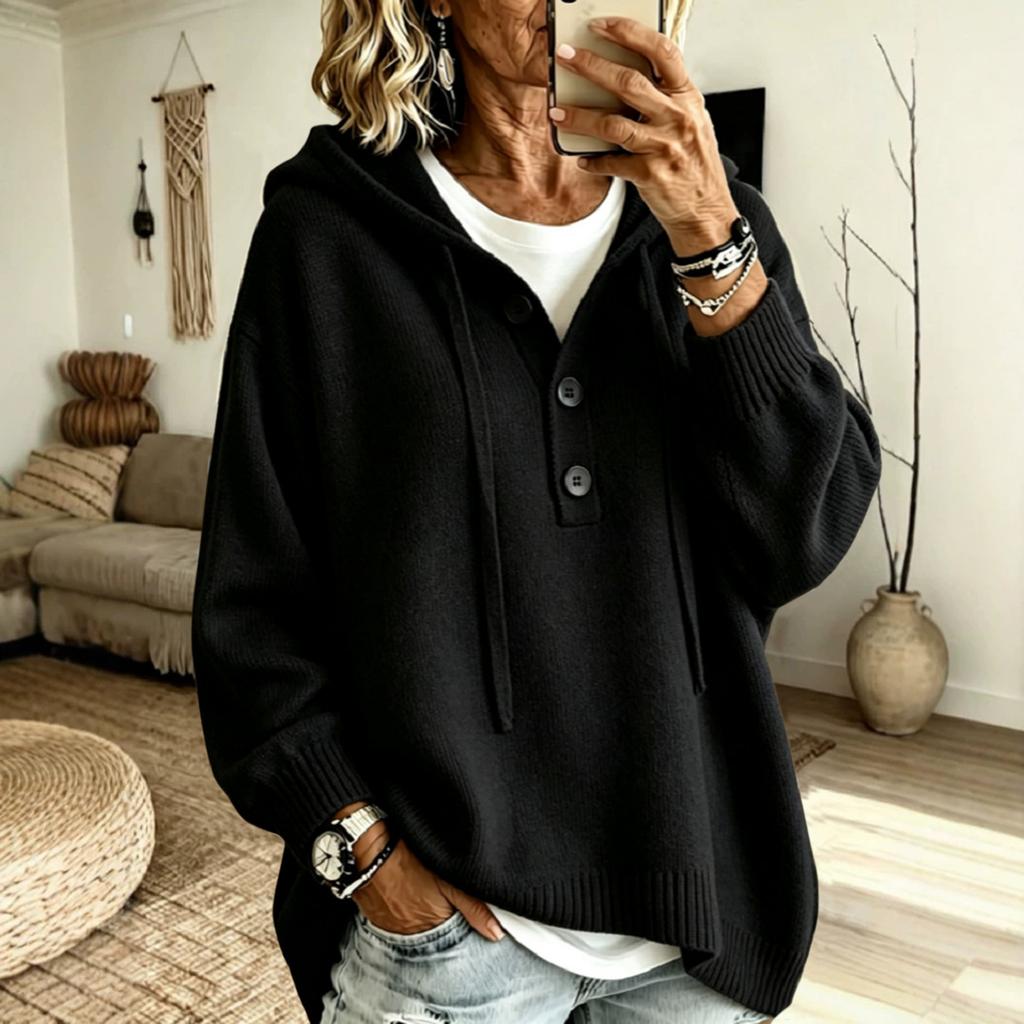 Women's Color Long Sleeve Hooded Button Loose Sweater Top