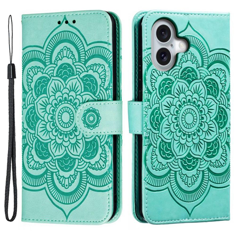 For iPhone 16 Case PU Leather Mandala Imprinted Design Wallet Phone Cover - Green