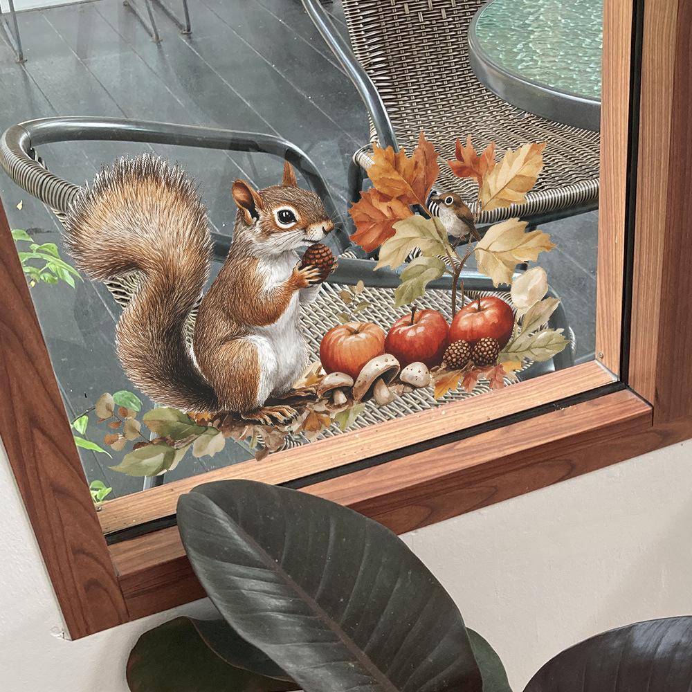 Cartoon Squirrels Fruits and Vegetables Balcony Glass Windows Home Background Beautification Window Stickers