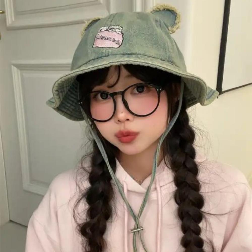 Wide Brim Bear Ears Hiking Fisherman Hat Sunscreen Lace-up Bucket Cap Cat Sun Denim Hat  Camping