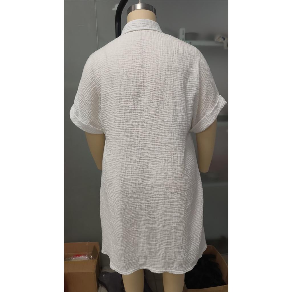 Women's Shirt Dress Solid Color Short-sleeved Lapel Cotton Linen Casual Loose Dress