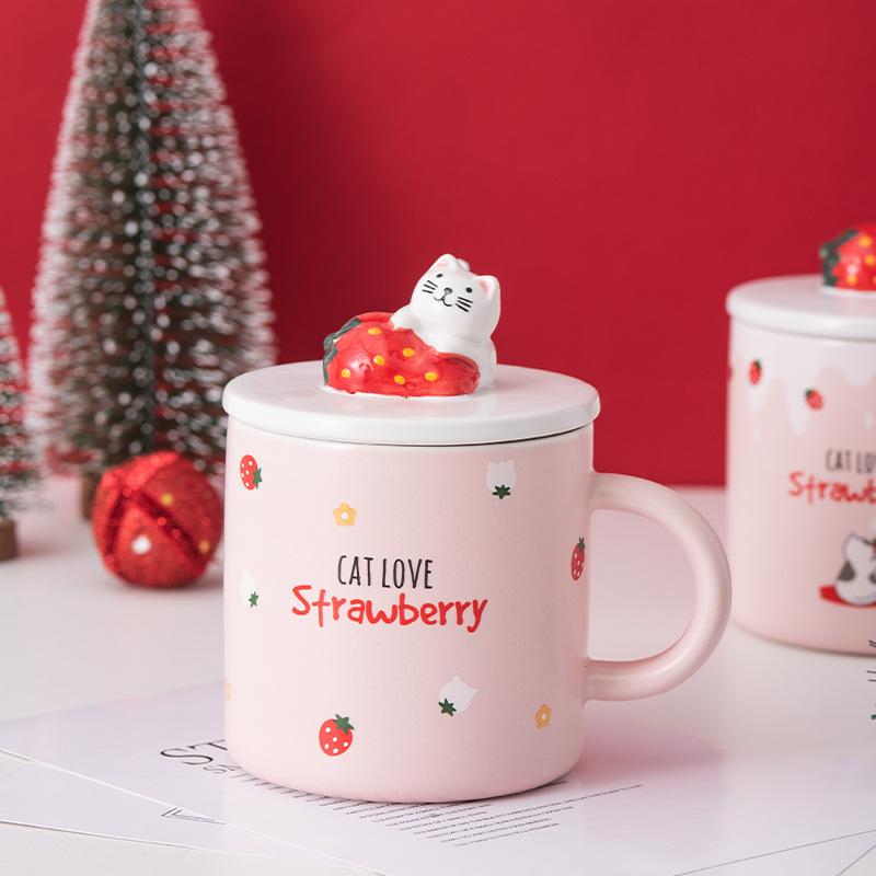 Lovely strawberry Cup Ins Coffee Mug Creative Water Milk Breakfast Cups Cartoon Cat Ceramic Mugs With Lid Spoon Gift
