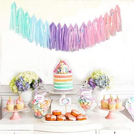 Fonder Mols Tissue Paper Tassel Garland DIY Kit (40pcs, Blush, Mint, Aqua, Lilac and Orchid All Mixed with Iridescent Mylar) for Rainbow Color,