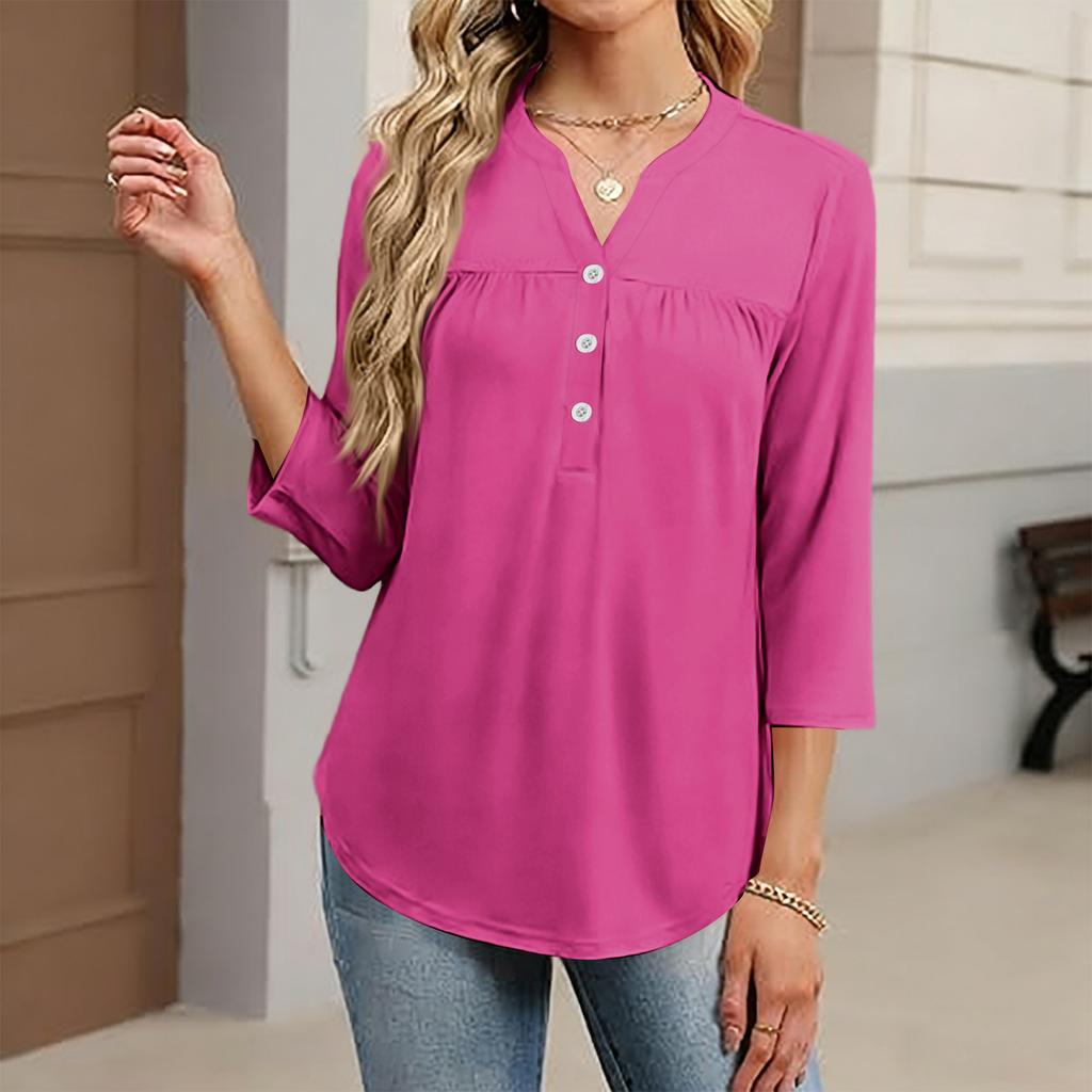 Women's Fashionable Casual Color V-Neck Decorative Button Three-Quarter Sleeve T-Shirt Top