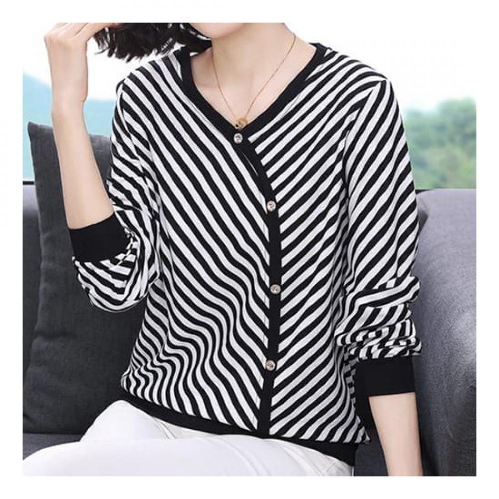 NaVaVa NT1407 Long SleeVe STripe BuTTon V Neck T shirT