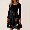 Women's Casual Vintage Halloween Dress Long Sleeve Round Neck Ghost Print Retro Style Midi Dress with Waist Tie for Daily Wear