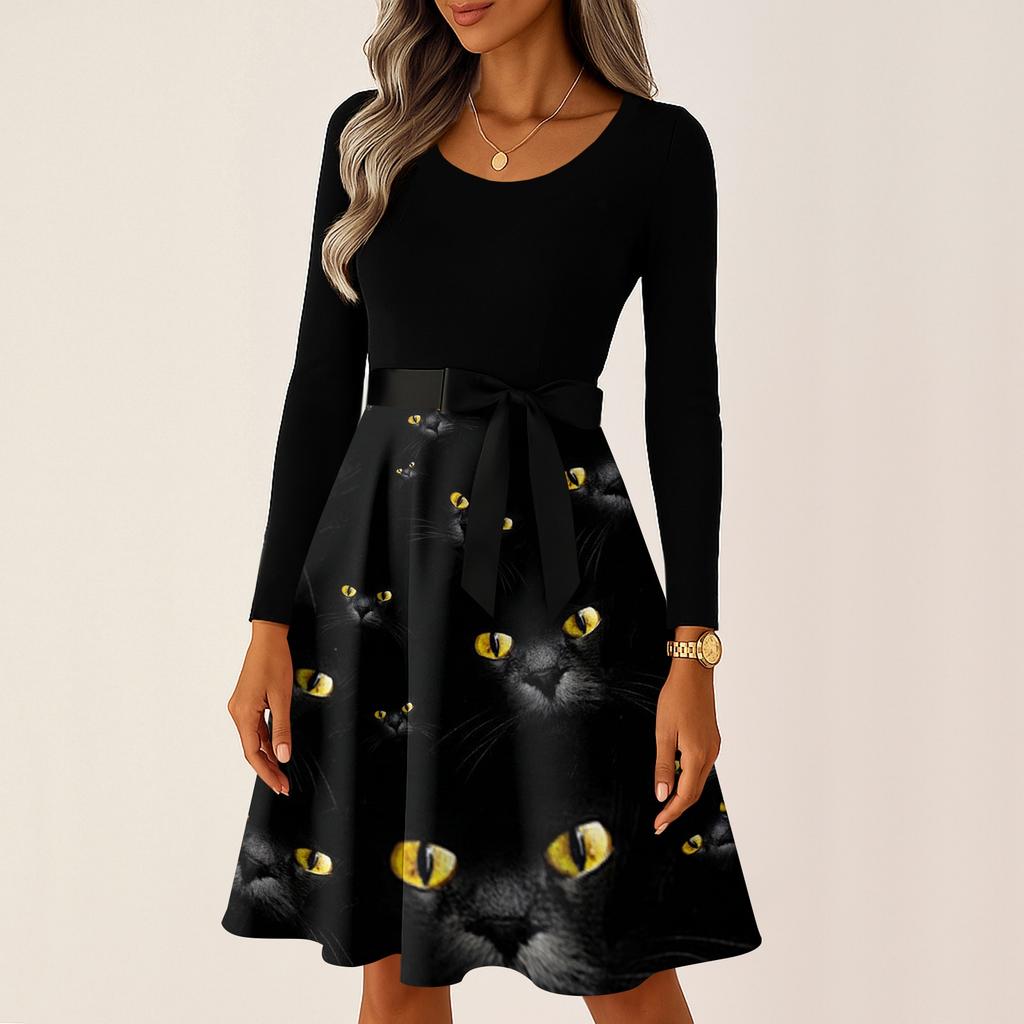 Women's Casual Vintage Halloween Dress Long Sleeve Round Neck Ghost Print Retro Style Midi Dress with Waist Tie for Daily Wear