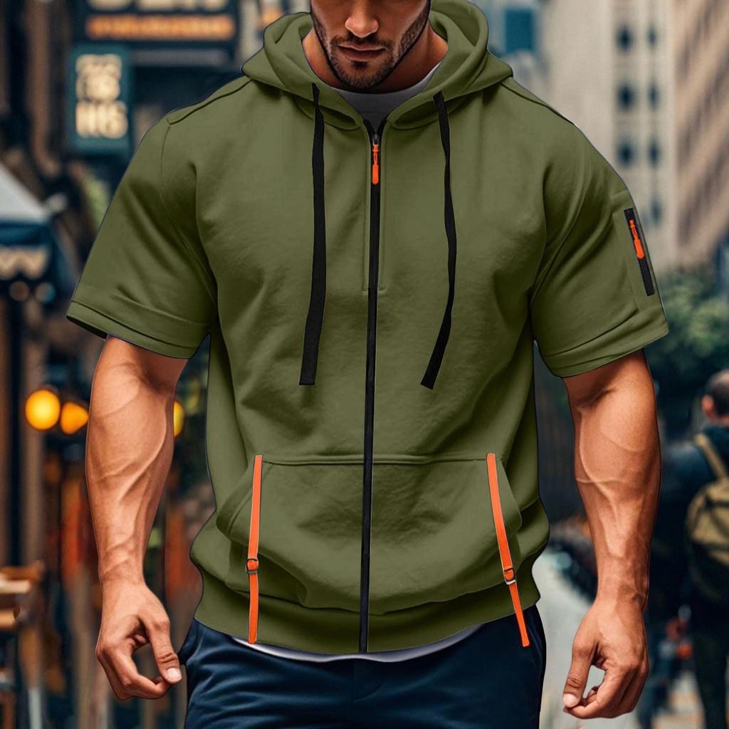 Men's Casual Short-sleeved Sweatshirt. Loose And Breathable Solid-color Sweatshirt Jacket With Multiple Pockets And A Zipper.