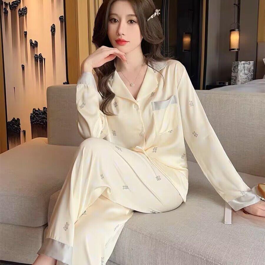 Autumn Women Ice Silk Fashion Printing  Pajama Lapel Button Cardigan Outfits for Women 2 Piece Set  Set Clothes for Women