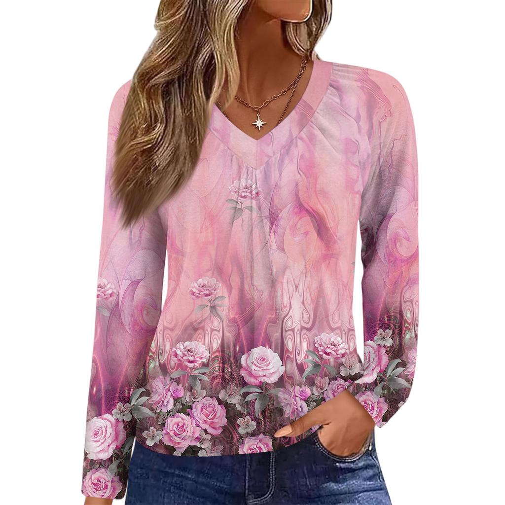 Dámský ležérní módní top s výstřihem do V, raglánovými rukávy, plisováním a květinovým potiskem, s dlouhým rukávem