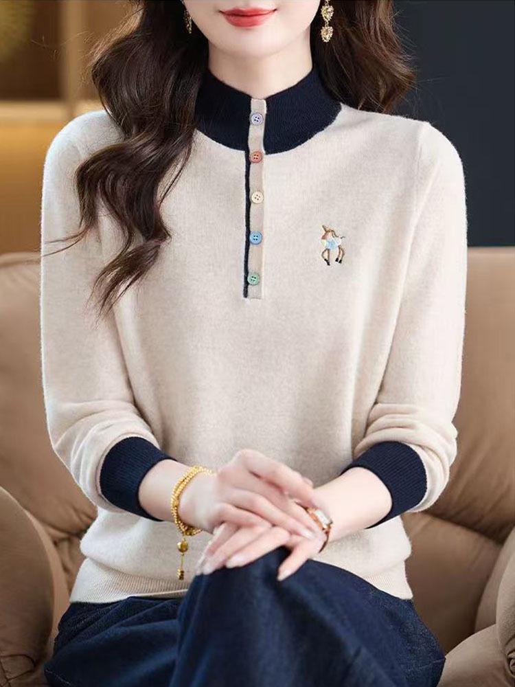 2026 Women's Stylish Loose Fit Color Block Embroidered Red Wool Sweater Base Layer