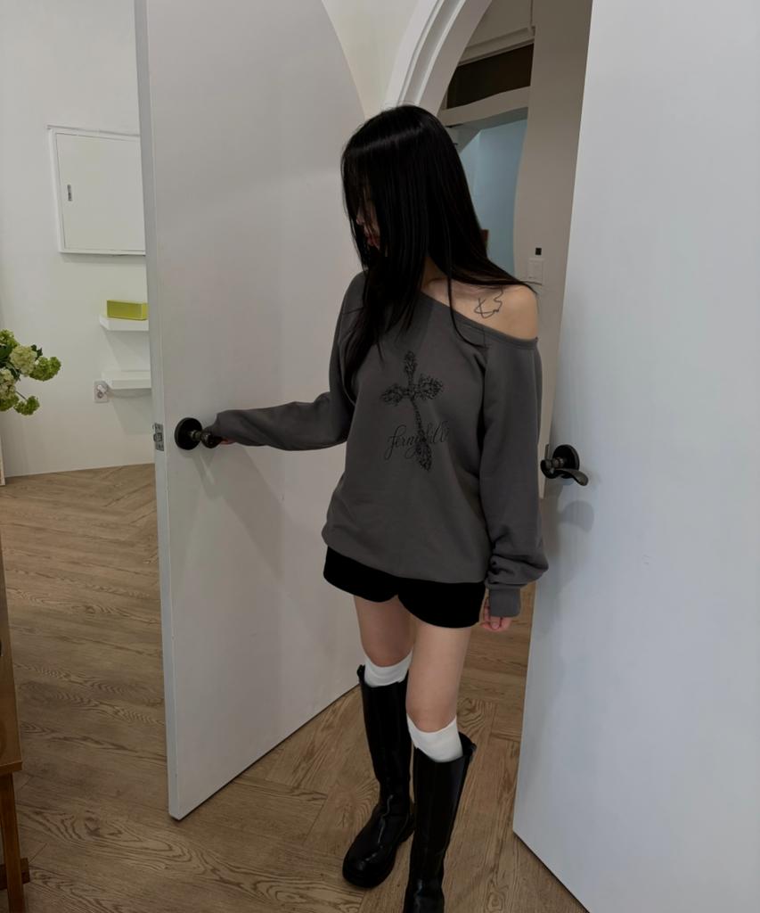 PEONIHILJEU Cross Off-Shoulder Sweatshirt Charcoal