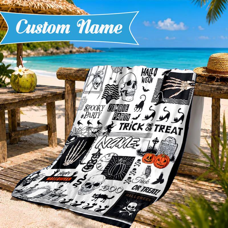 Custom Name Halloween Horror Movie Beach Towel Microfiber Beach Towel, Lightweight and Quick-Dry, for Summer Travel, Swimming Pool Gift