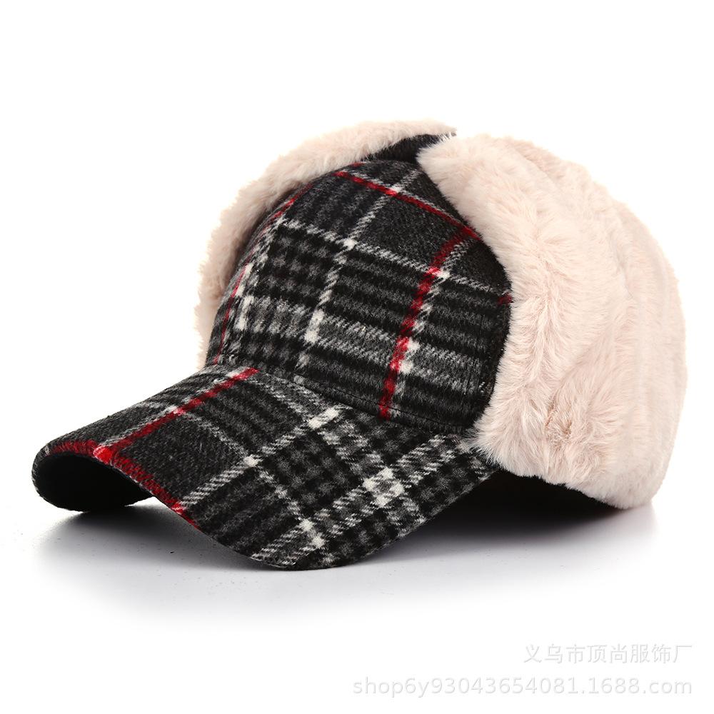 Winter Hat Women's Tide Plaid Duck Tongue Baseball Cap Northeast Outdoor Riding Ear Protection Ski Warm Lei Feng Hat