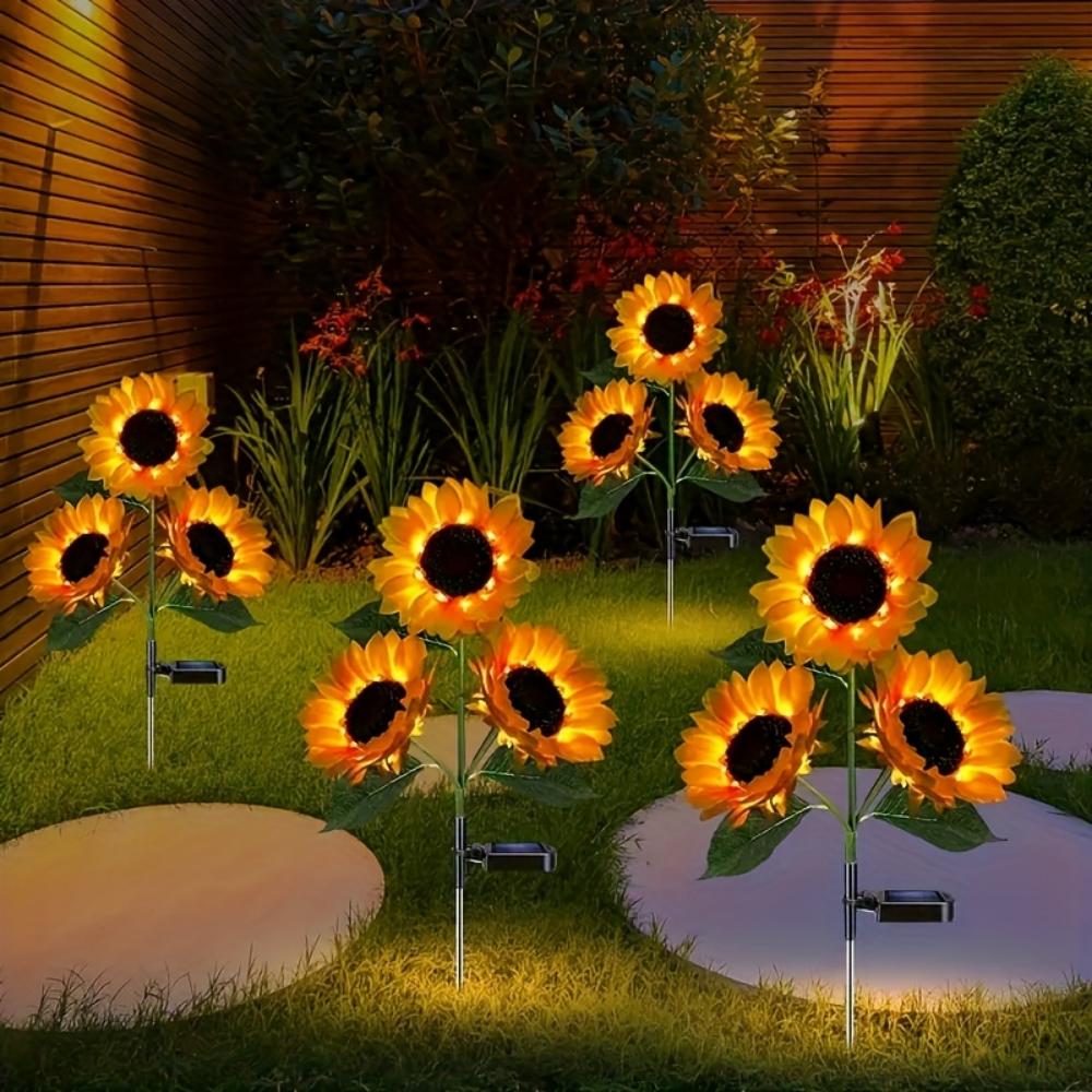 Solar Simulation Flower Lamp, Outdoor Decoration with 3 LED Sunflower Yellow Flower Lamp, Suitable for Courtyard, Villa, Lawn, Garden