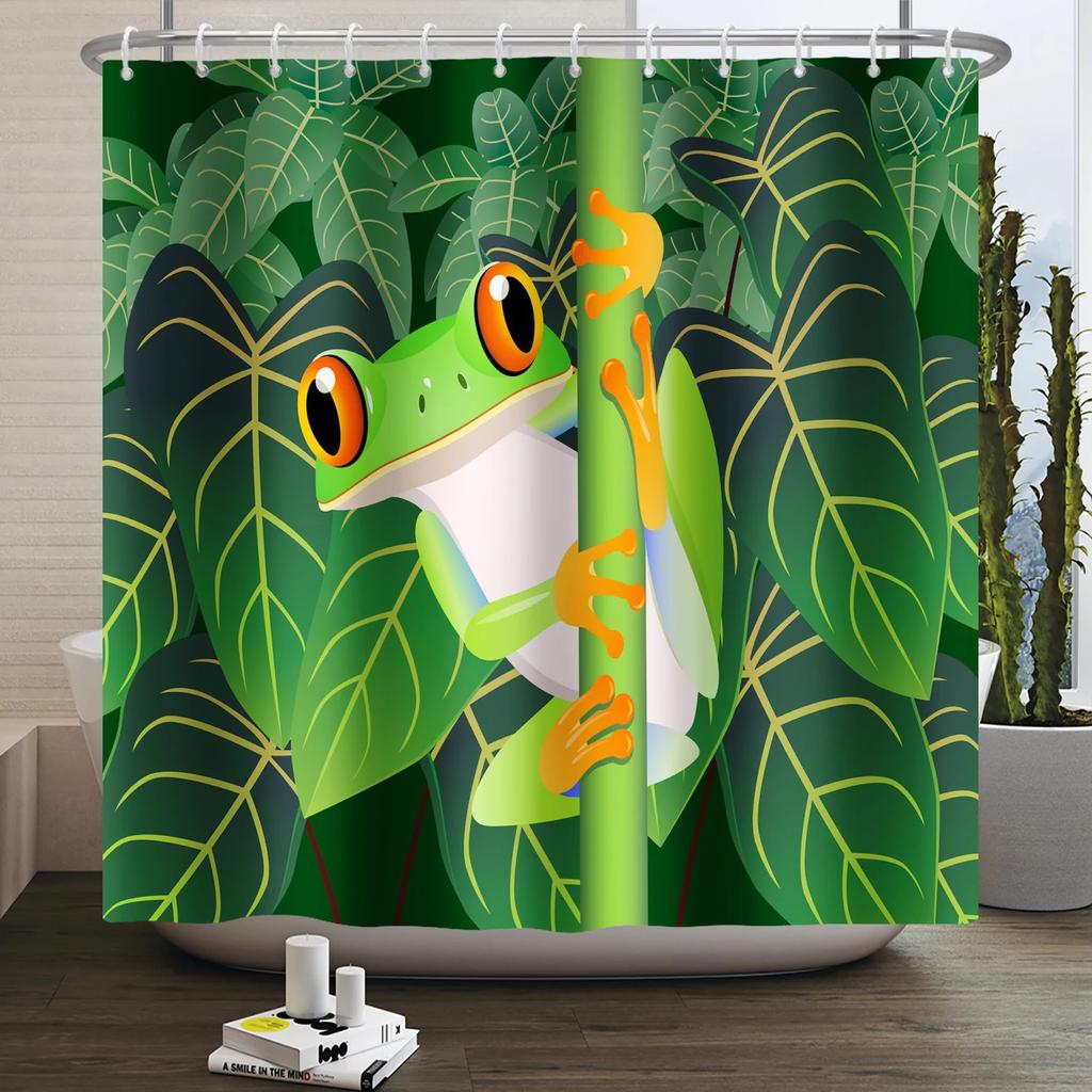 Lustiger Frosch Duschvorhang für Badezimmer Pilz Schmetterling Floral Grüne Pflanze Cartoon Tier Wasserdicht Polyester Duschvorhang