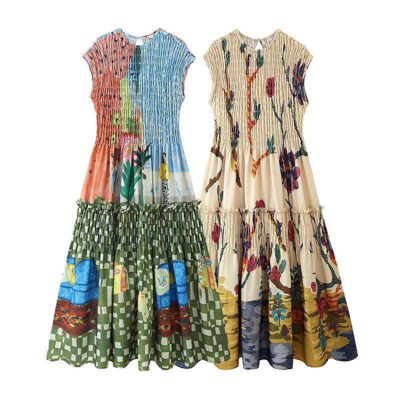 Kaslead New Women Clothes Western Style Fashion Simple Loose Pleated Print Dress
