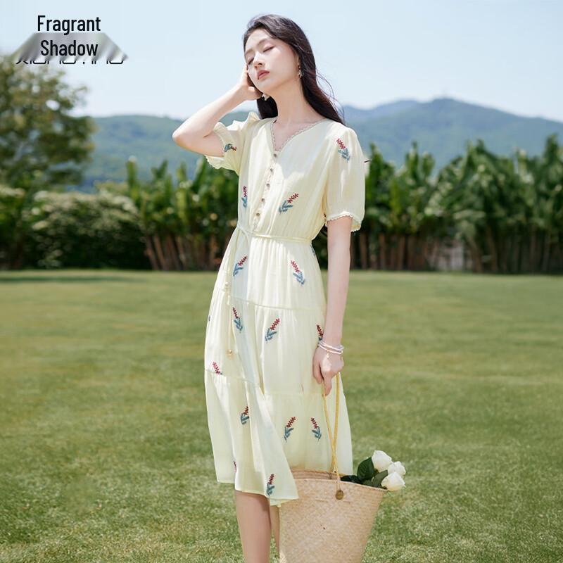 French Style V-Neck White Puff Sleeve Dress XL