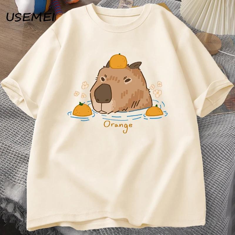 Capybara Swimming with Oranges Tshirts Oversize T Shirt Unisex Cotton Shrot Sleeve Cartoon Animal Tshirt Round Neck Top Clothes
