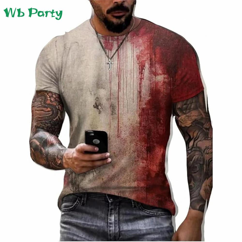 Problem Solved Bloody Print Men's Clothing Fashion T-shirts for Men Horrible Halloween Short Sleeve Tops O-Neck 3D Mens T Shirt