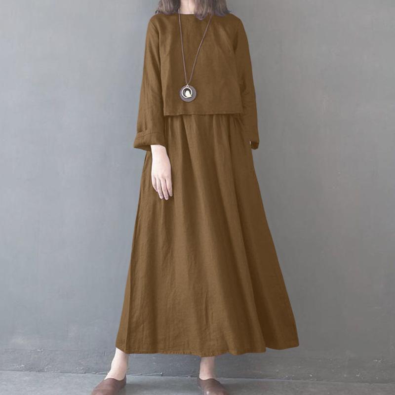 ZANZEA Lässiges, lockeres Langarmkleid mit Rundhalsausschnitt für Damen