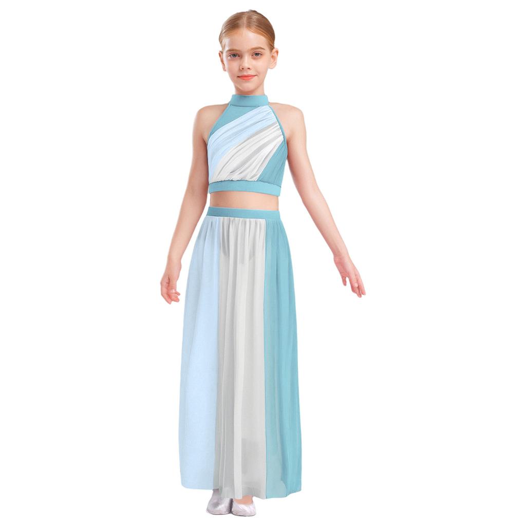 Dětský dívčí lyrický taneční kostým bez rukávů, barevně blokovaný, s řasením vpředu, klíčovou dírkou na zádech, crop top se splývavou šifonovou sukní s rozparkem