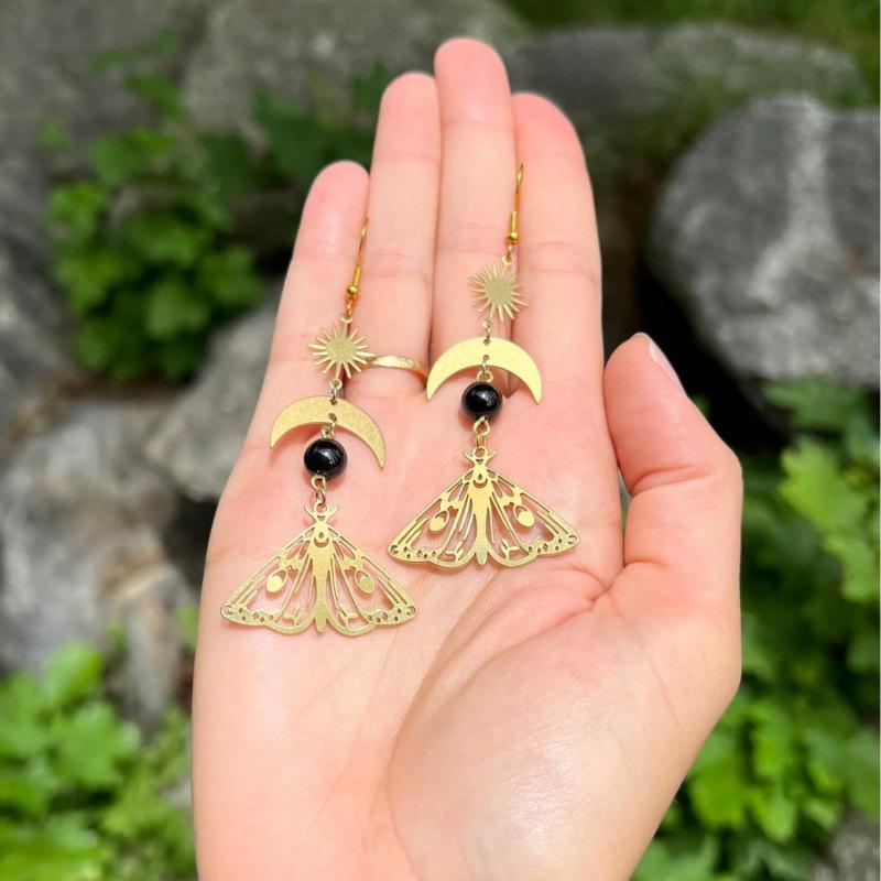 Golden Moth Moon Pendant Earrings with Black Jade & Crystal Butterfly Design