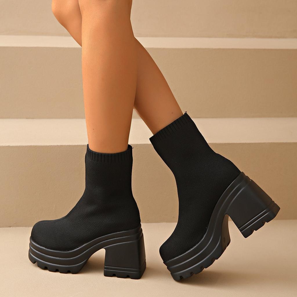 European and American large size high heel short leather boots classic simple thick heel round head Martin four seasons fashion boots