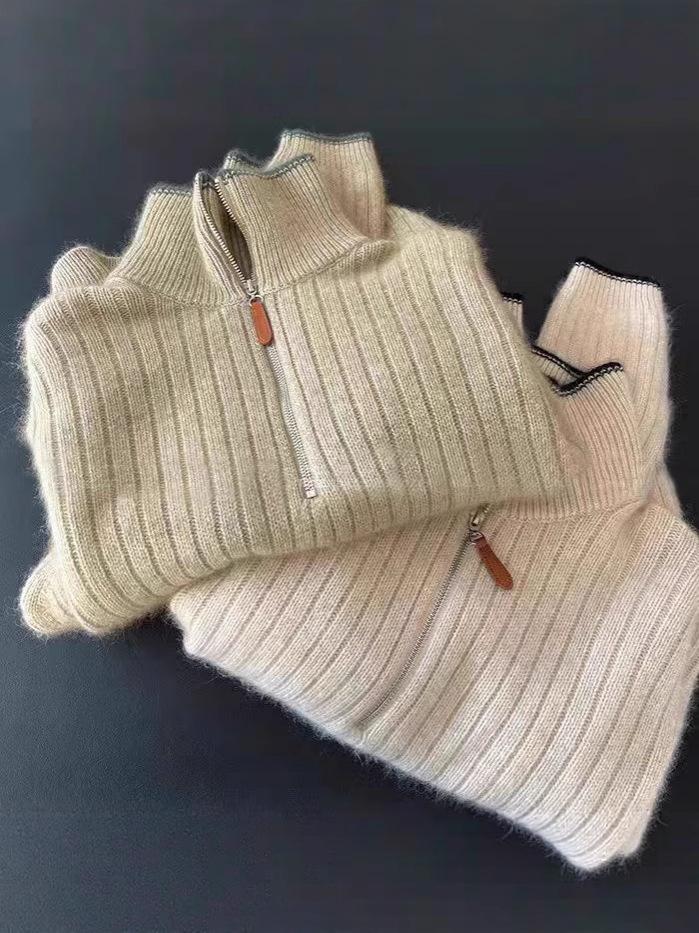 2025 Autumn/Winter Women's Half-Zip 100% Pure Wool Sweater - Loose Slimming Elegant Base Layer Top
