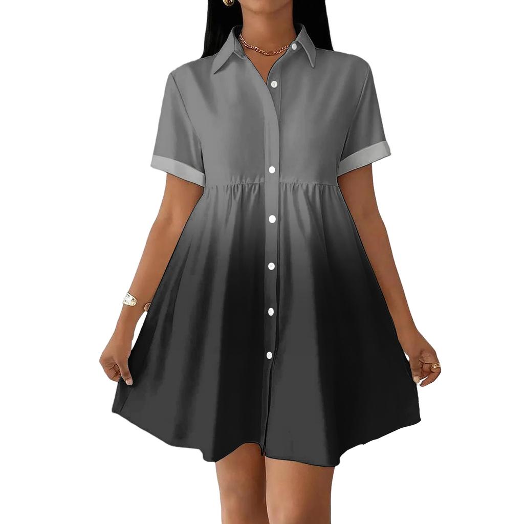 Women’s Casual Loose Fit Shirt Dress Button Down Stand Collar Short Sleeve Gradient Print Fashion Tunic Dress