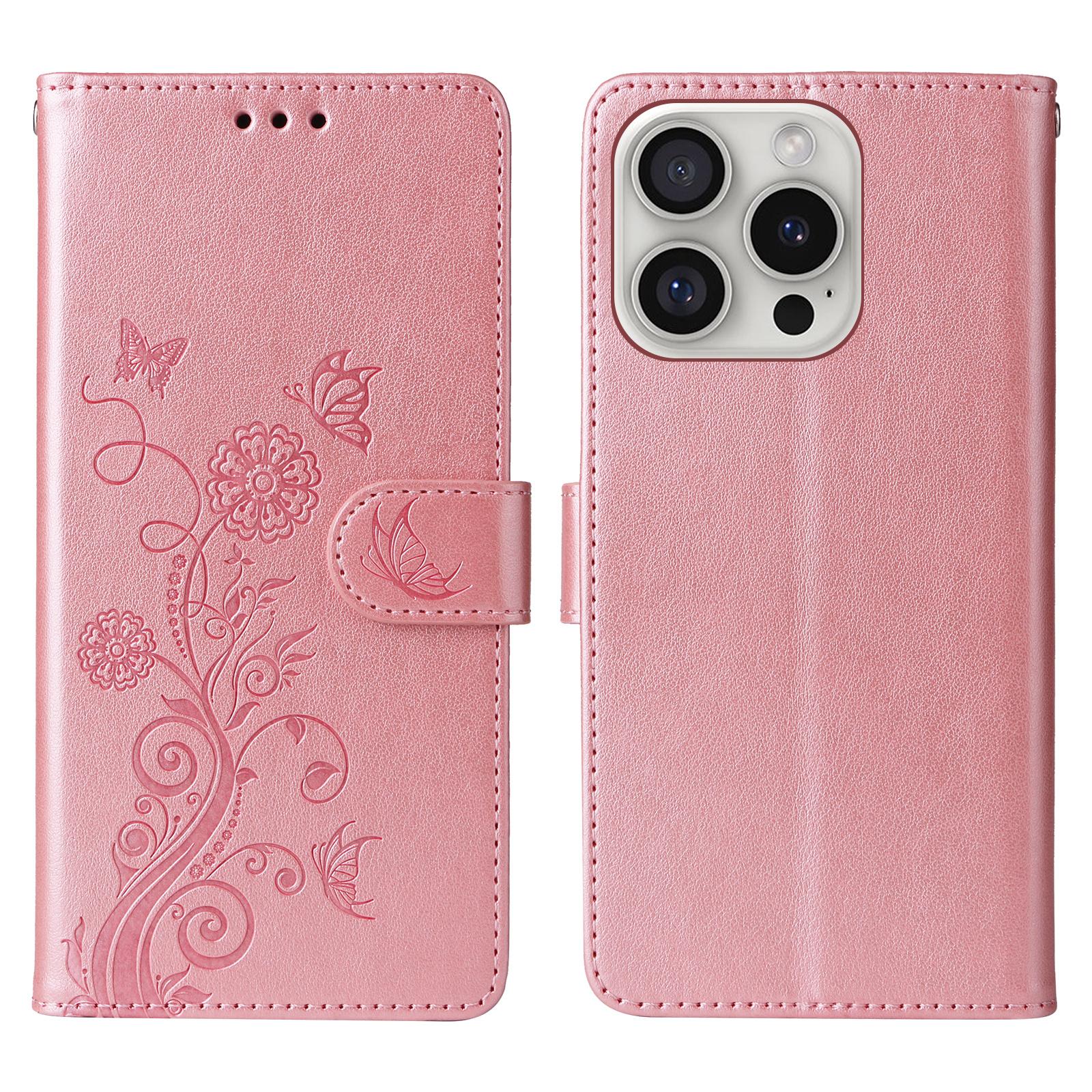 

For iPhone 16 Pro Leather Case Butterfly Floral Imprint Wallet Stand Cover Pink