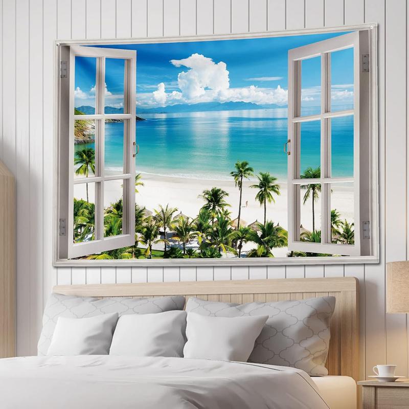 VIKAMA Tropical Ocean Beach Tapestry Coconut Tree Coast Wall Hanging Natural Island Style Window Decor Perfect for Living Rooms
