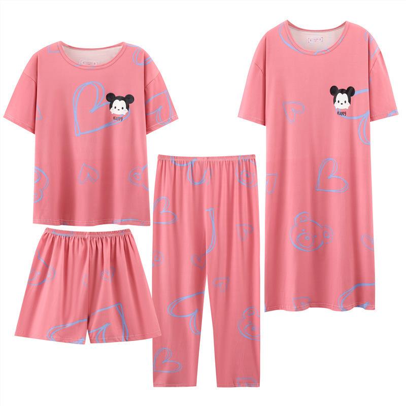 Pajamas women's summer round neck short-sleeved nightgown summer loose cropped pants loungewear set