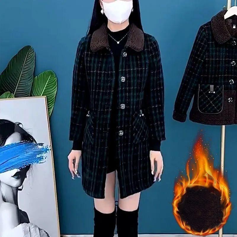 

Женское клетчатое пальто Клетчатое Зимнее Куртка для мамы Карманы Воротник Пальто средней длины Пальто для женщин среднего возраста XS зелёный