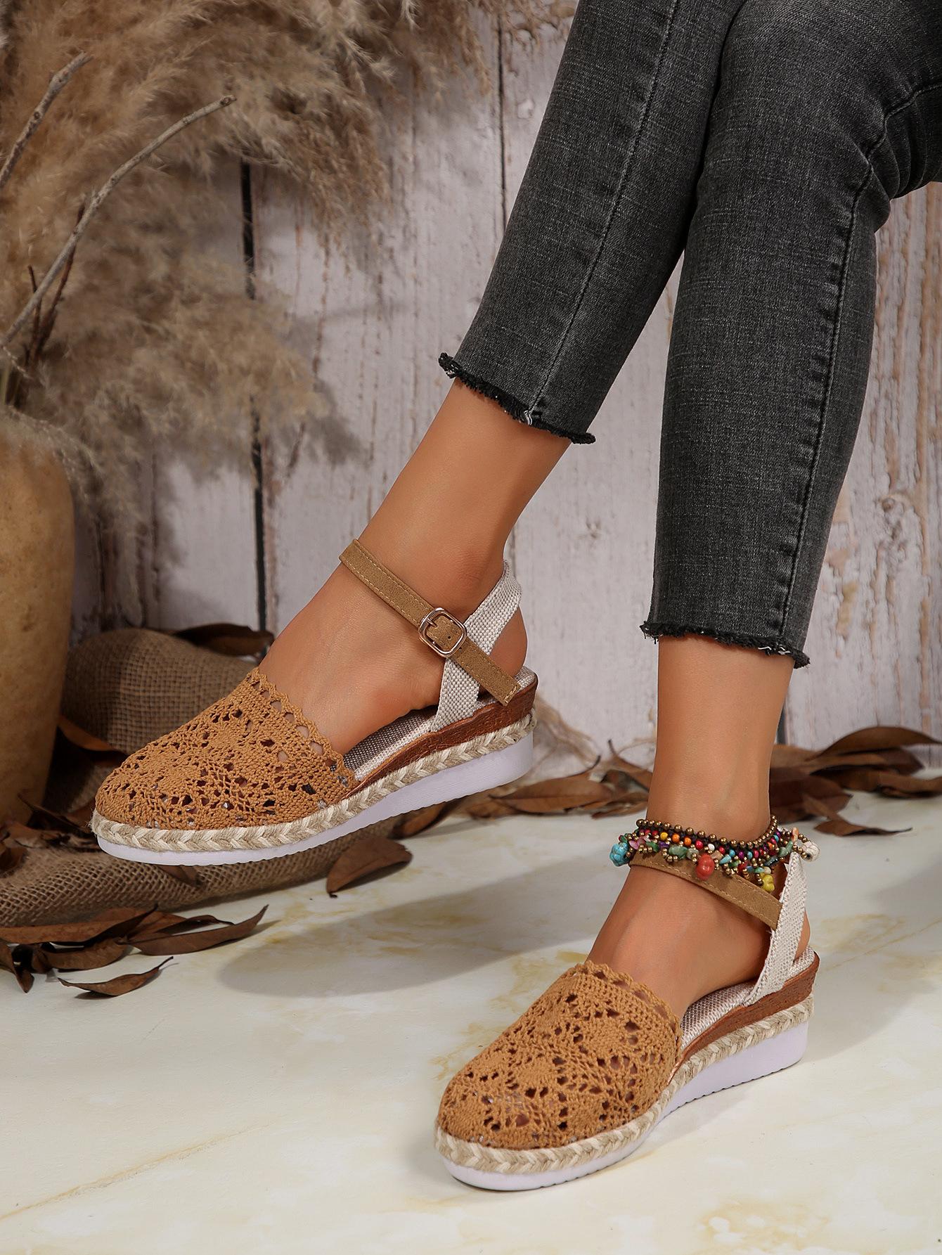 

European and American foreign trade large size wedge heel sandals women s 2024 summer new bag head woven hollow one-word buckle women s sandals 43 коричневий