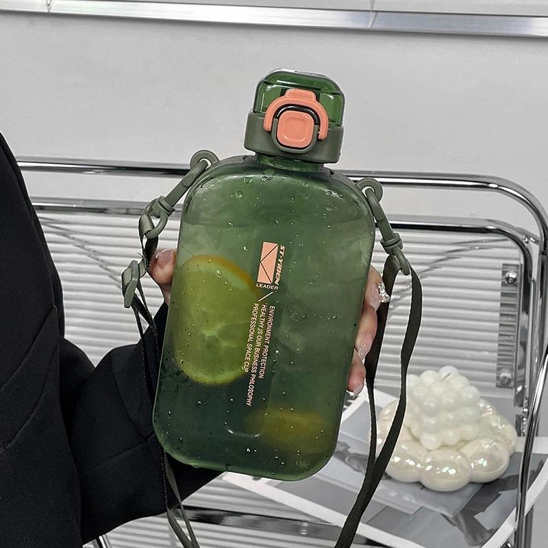 Flat Square Transparent Water Bottle Portable Travel Canteen With Adjustable Strap Elegant Slim Bottle For Sport Camping