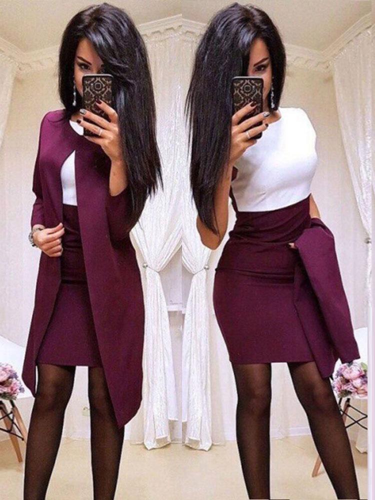 2022 Autumn/Winter European & American Women's Patchwork Solid Color Skirt Suit