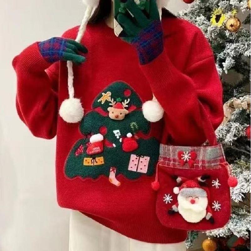 

Autumn and winter wear loose foreign pullover long-sleeved knitted sweater small tree red Christmas sweater lazy wind 411-92 (average size) червоний