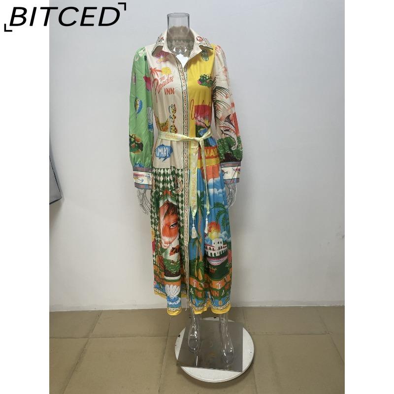 BITCED Frühlings Damen Bedrucktes Laternenärmel Figurbetontes Langarm Vollrock Kleid